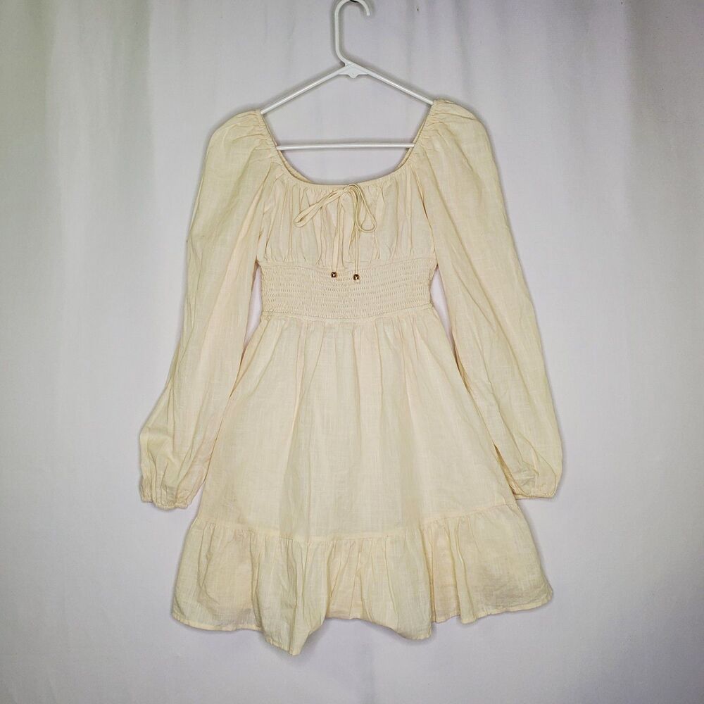 Lillusory Milkmaid Dress Jr Medium Cream Empire Smocked Long‎ Puff Sleeve Ruffle
